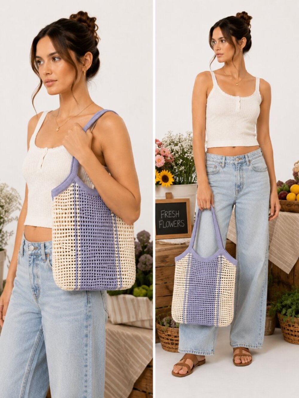 Art Class Girls Knit Tote Bag Purple Cream Summer Beach Vacation Chic